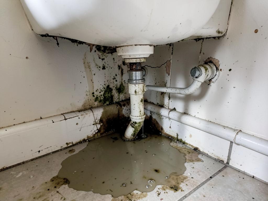 Fuite d'eau sous le lavabo, joints moisis