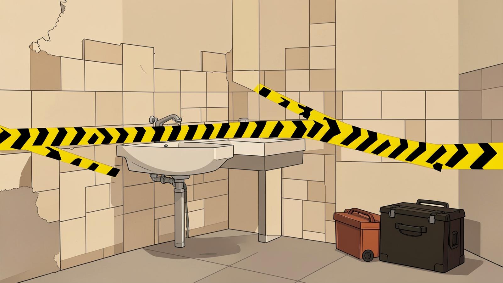 Illustration : salle de bain laissée inachevée, carrelage de travers et ruban de signalisation